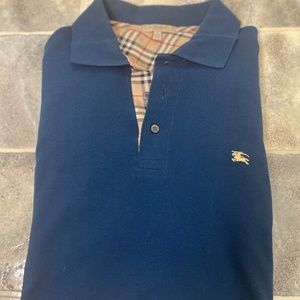 Burberry Size Large Blue Long Sleeve Nova Check Lined Designer Polo Shirt